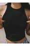 Women's Corded Fabric Crop Blouse Crew Neck Undershirt Black - 3