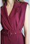 Women's Burgundy Double-Breasted Belted Men's Collar Asymmetrical Dress Yy101264 - 5