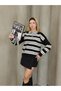 Women's Striped Gray Polo Neck Knitwear Sweater Buttoned Off Shoulder Long Sleeve Oversized Mold Trend New Season - 5