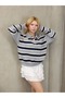 Women's Striped Gray Polo Neck Knitwear Sweater Buttoned Off Shoulder Long Sleeve Oversized Mold Trend New Season - 3