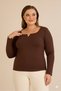 Women's Plus Size Square V Hollow Neck Metal Accessory Long Sleeve Stretchy Crepe Blouse - 7