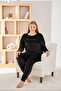 Women's Soft Velvet Crew Neck Dark Black Pajama Set - 2