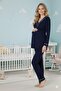 Women's Piped Long Sleeve Maternity Pajamas Set with Dressing Gown 3-Piece Pajama Set - 4