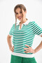 Women's Polo Neck Short Sleeve Striped Knit Sweater 10021 - 2