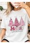 Unisex New Year's Pink Merry Christmas Printed Regular T-Shirt with Three Christmas Tree Details 100% Cotton