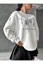 Women's White Optimistic Garden Printed Oversized Crew Neck Sweatshirt - 4