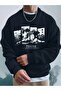 Men's Navy Blue Tokyo Printed Oversized Crew Neck Sweatshirt