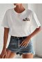 Women's White Pocket Flower Detailed Printed Oversized T-Shirt - 5