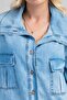 Women's Bleach Wash Pocketed Big Collar Buttoned Slim Lyocell Fabric Denim Jacket Indigo Light Blue - 7