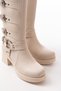 Zri̇n-3015 Premium Beige Heeled Women's Boots with Zipper and Buckle Accessories - 6