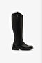 Black Genuine Leather Flat Heel Side Zipper Long Women's Boots