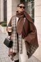 Women's Poncho Double-Sided Wearable Brown Poncho with Plaid Pattern and Scarf Detail - 3