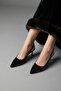 Women's Black Patent Leather Buckle Pointed Heeled Shoes - 6