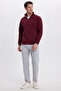 Unisex Relax Fit Comfortable Cut Cotton Fleece-Lined Half-Zip Burgundy Mock Neck Sweatshirt - 5