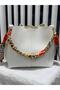 Women's Soft Leather 3-Compartment Handbag, Shoulder Bag with Scarf and Chain Accessories - 2
