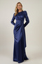 Front Pleat Detail Lined Long Sleeve Satin Long Dress