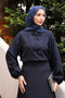 Navy Blue Bow Front Crepe Blouse Skirt Suit - 5