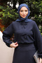 Navy Blue Bow Front Crepe Blouse Skirt Suit - 4