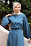 Petrol Blue Bow Front Crepe Blouse Skirt Suit - 3