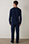 Navy Blue Men's Pajama Set with Pockets - 5