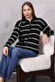 Women's Polo Collar Oversize Striped Zippered Knitwear Sweater Black - 4