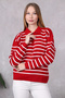 Women's Polo Neck Oversize Striped Zippered Knitwear Sweater Red - 3