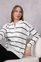 Women's Polo Collar Oversize Striped Zippered Knitwear Sweater Ecru - 4