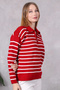 Women's Polo Neck Oversize Striped Zippered Knitwear Sweater Red - 2