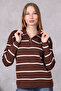 Women's Polo Neck Oversize Striped Zippered Knitwear Sweater Brown - 2