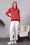 Women's Polo Neck Oversize Striped Zippered Knitwear Sweater Red - 8