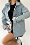 Women's Oversize Long Sleeve Double Pocket Snow Washed Jacket Shirt Light Blue - 5
