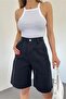 Women's High Waist Bermuda Wide Leg Denim Shorts Black - 4