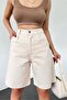 Women's High Waist Bermuda Wide Leg Denim Shorts Cream - 7