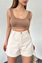 Women's High-Waisted Wide-Leg Pleated Pocketed Denim Shorts, Cream - 3