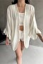 Women's Flounce Sleeves Three Quarter Sleeve Spring Cardigan Cream - 4