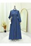 Denim Dress with Elasticated Cuffs, Button-Down Front, and Double Pockets - Indigo - 8