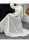 Satin Evening Dress with Rose Detail on Skirt and Sleeves -white - 4
