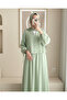 Sleeve-Tie Dress with Buttoned Front and Skirt -A.Green - 3