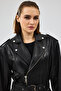 Zendaya Women's Black Belt Detailed Biker Leather Jacket 24Wgd5226Ve - 7