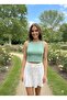 Water Green Halter Collar Crop Top Darkalıp Ribbed Thick Bias Bustier
