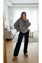 Gray Herringbone Patterned Stand Collar Buttoned Cashmere Coat - Oversize Loose Fit - 6