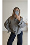 Gray Herringbone Patterned Stand Collar Buttoned Cashmere Coat - Oversize Loose Fit