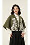 Women's Embroidered Crop Bohemian Oversized Jacket Khaki Green, Standard Size