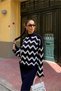 Women's Half-High Collar Zigzag Pattern Sweater and Sleeveless V-Neck Long Dress Bottom-Top Knitwear Set Navy Blue - 7