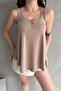 Women's U Neck Button Detailed Back Cross Strap Loose Blouse Beige - 6