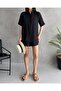 Women's Aerobin Linen Short Sleeve Shirt and Shorts Bottom-Top Suit Black - 8