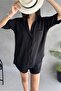 Women's Aerobin Linen Short Sleeve Shirt and Shorts Bottom-Top Suit Black - 5