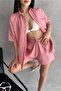 Women's Aerobin Linen Short Sleeve Shirt and Shorts Bottom-Top Suit Pink - 3