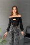 Women's Boat Neck Long Sleeve Cut Out Detailed Blouse Black - 3