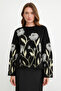 Women's Crew Neck Floral Patterned Fleece-Lined Oversized Knitwear Sweater